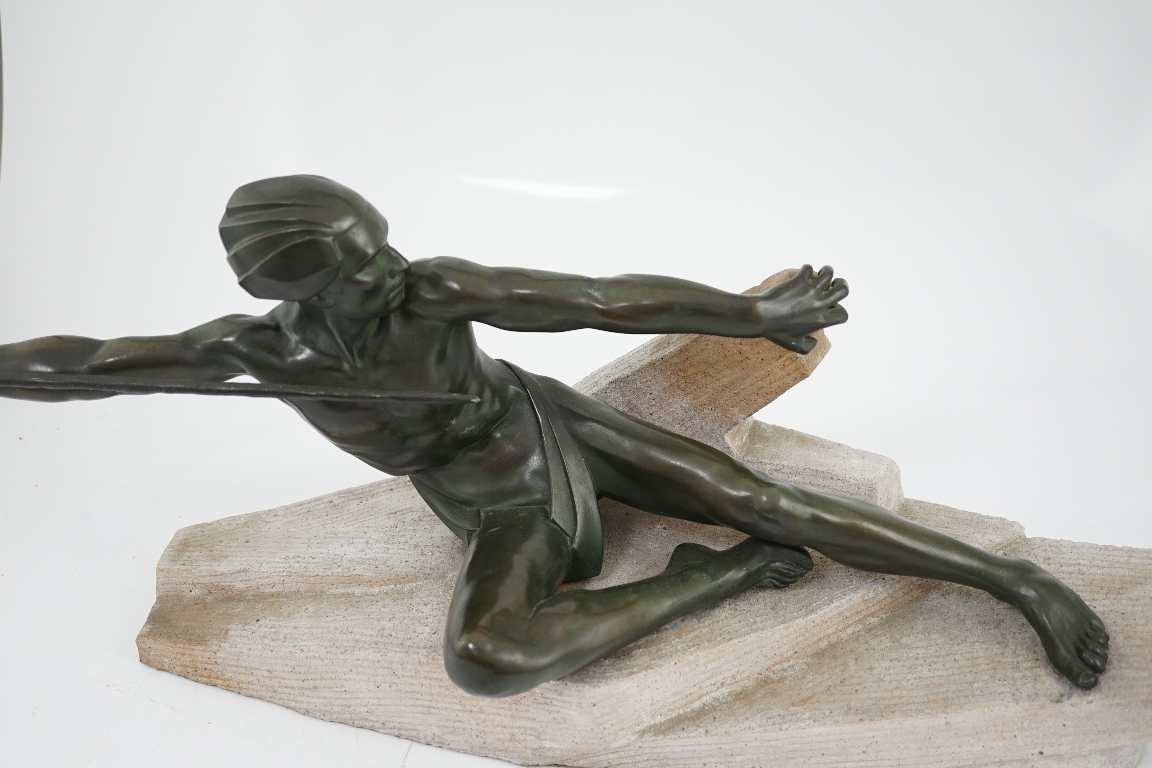 Max Le Verriere, (1891-1973), a French Art Deco bronzed spelter figure, 'L'Embuscade'